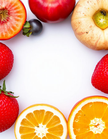 Strawberry, orange, apple and grapefruit on white backgroundの写真素材