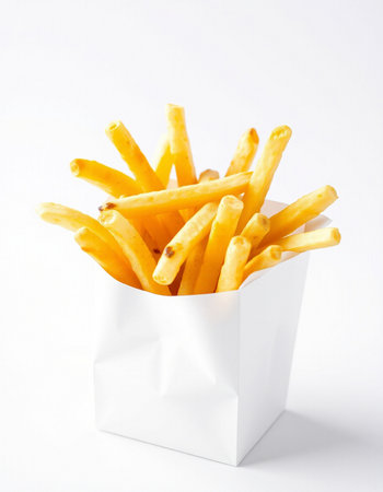 French fries in a paper bag on a white background, close-up