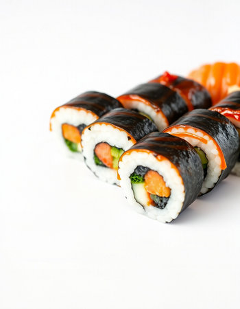 Sushi rolls isolated on white background. Shallow dof.の写真素材
