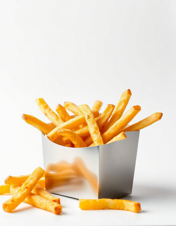 French fries in a box on a white background. Fast food.