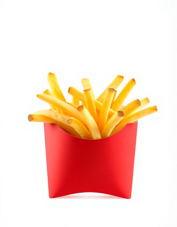 French fries in a red box on a white background. Isolated