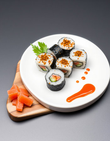 Sushi rolls on a white plate on a dark background. Japanese cuisine.の写真素材