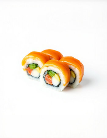 Sushi roll with salmon, avocado and cucumber on white backgroundの写真素材