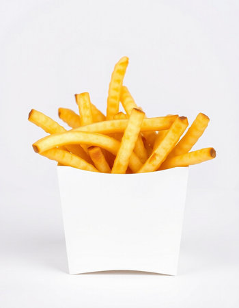 French fries in a white paper box on a white background, isolated