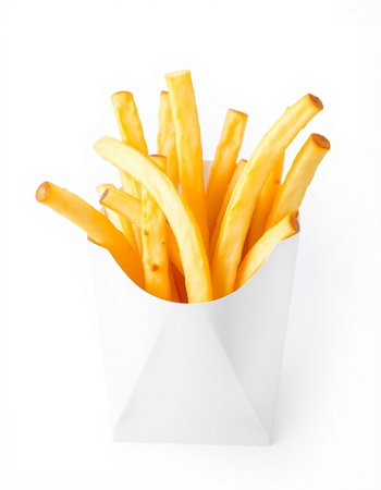 French fries in a paper box isolated on white background. Close up.