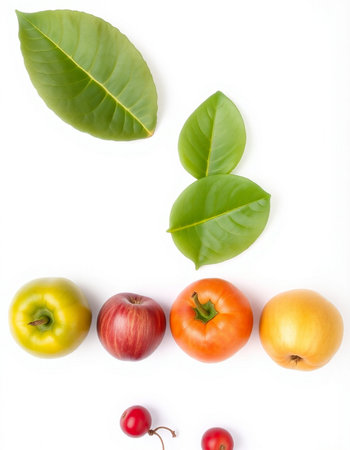 Fruits and vegetables on a white background. Flat lay, top viewの写真素材