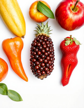 Fruits and vegetables isolated on white background. Flat lay, top view