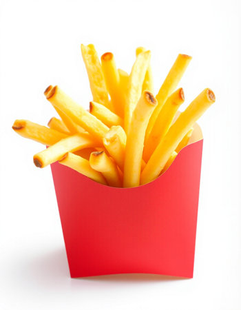 French fries in a red box isolated on white background, selective focus