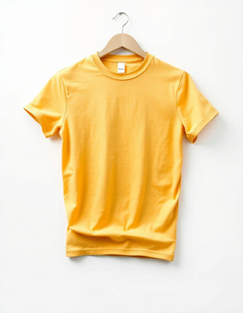 Yellow t-shirt on hanger on white background. Mockupの写真素材