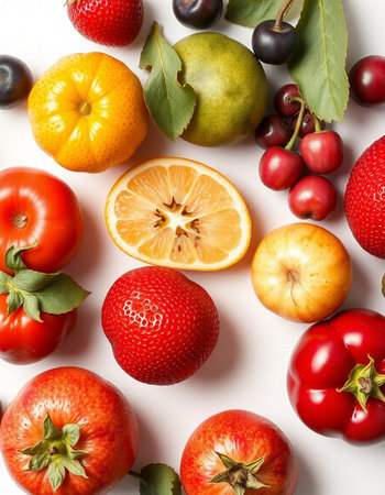 Fresh fruits and berries on white background, top view. Healthy food