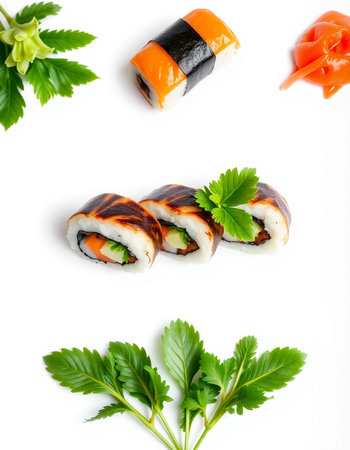 Sushi roll set isolated on white background. Japanese food restaurant menu.の写真素材