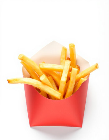 French fries in red box isolated on white background. Close up.