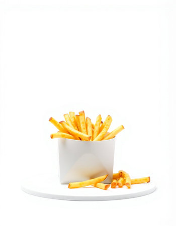 French fries in a white bowl on a white background. Isolated