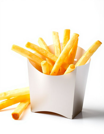 French fries in a white box on a white background. Isolated