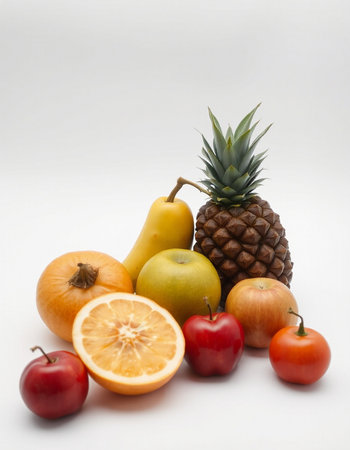 Composition of fresh fruits on white background. Healthy eating concept.の写真素材