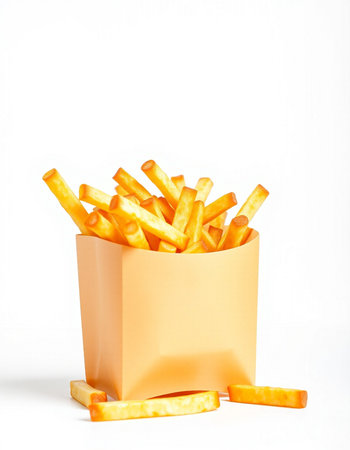 French fries in a paper box on a white background. Fast food.