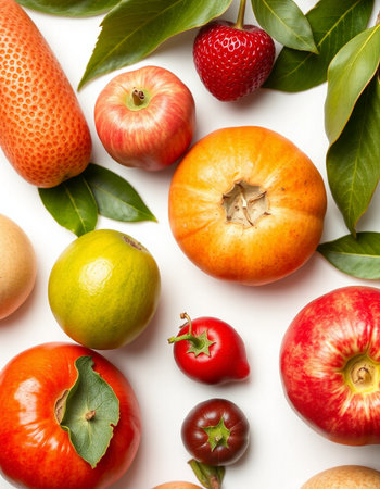 Fruits and vegetables isolated on white background. Flat lay, top view