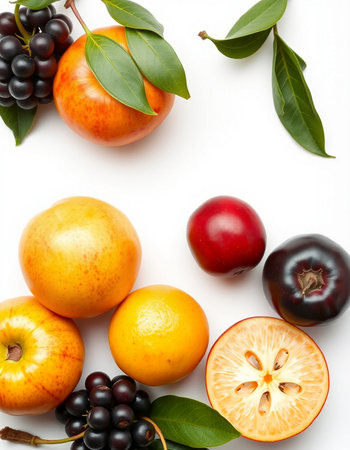Fruits and berries on white background. Top view. Flat lay