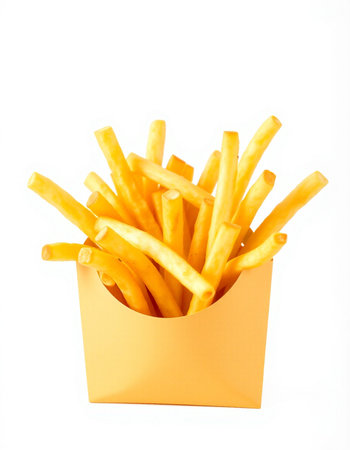 Golden French fries in a yellow box isolated on a white background.