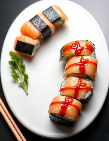 Sushi rolls on a white plate with chopsticks and parsleyの写真素材
