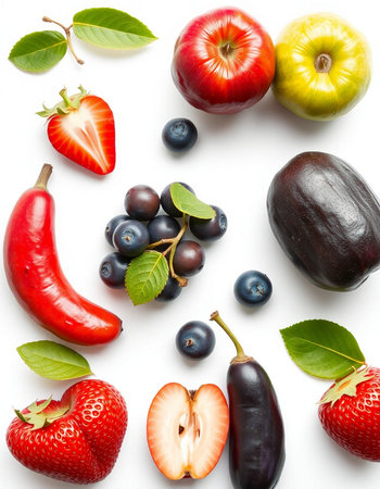 Fresh fruits and vegetables isolated on a white background. Top view.