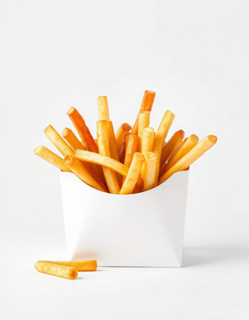 French fries in a white box on a white background. Fast food.