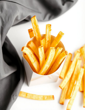 French fries in a paper cup on a white background. Selective focus.