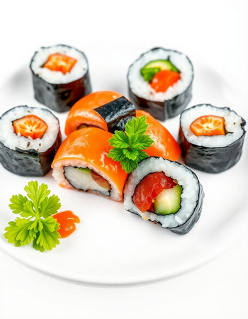 Japanese Cuisine - Sushi Roll with Salmon, Cream Cheese and Raw Salmon inside. Nori outsideの写真素材