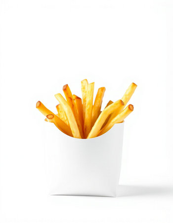 French fries in a paper box on a white background. Isolated