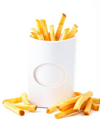 French fries in a white paper box on a white background, isolated