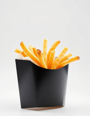 French fries in a black box on a white background, fast food