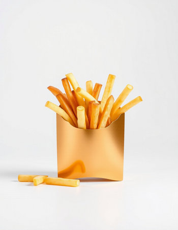 Golden French Fries in a Paper Box on a White Background.