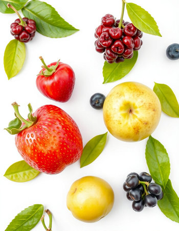 Fruits and berries on white background. Top view. Flat lay patternの写真素材