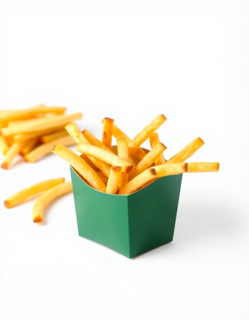 French fries in a green box on a white background. Selective focus.の写真素材