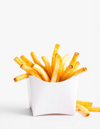 French fries in paper box on white background. Selective focus.