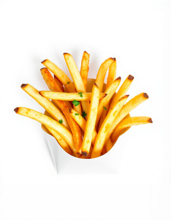 French fries in paper box isolated on white background, top view.