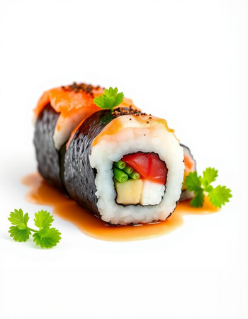 Sushi roll with salmon, cucumber, cream cheese and sauce on white backgroundの写真素材