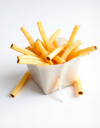 French fries in a white box on a white background. Selective focus