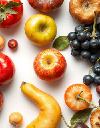 Fresh fruits and vegetables on white background, top view. Healthy foodの写真素材