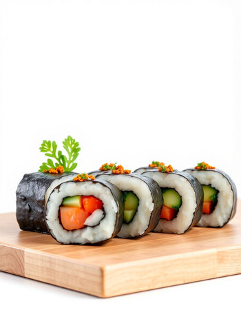 Sushi roll japanese food on wooden board isolated on white backgroundの写真素材