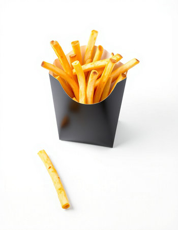 French fries in a black box isolated on white background, clipping path included