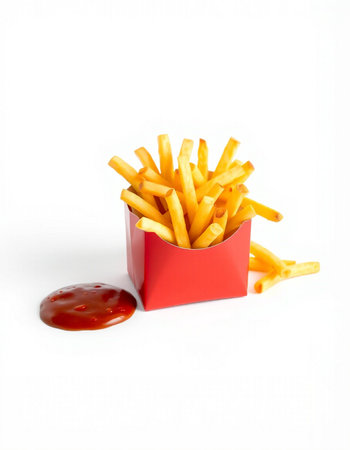 French fries in a red box with ketchup on a white background