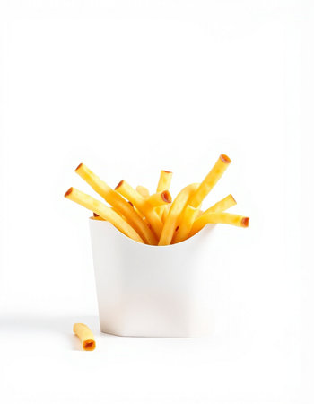 French fries in a white cup on a white background. Isolated