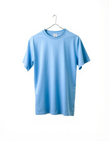 Blue t-shirt on a hanger isolated on a white backgroundの写真素材