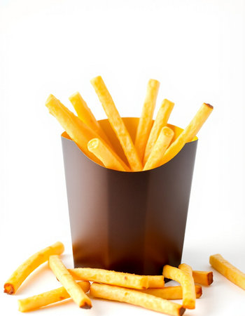 French fries in a paper box on a white background. Selective focus.の写真素材