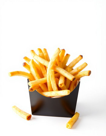 French fries in black box isolated on white background. Close up.