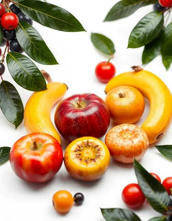 Fresh fruits and vegetables on white background. Healthy food concept. Top view.