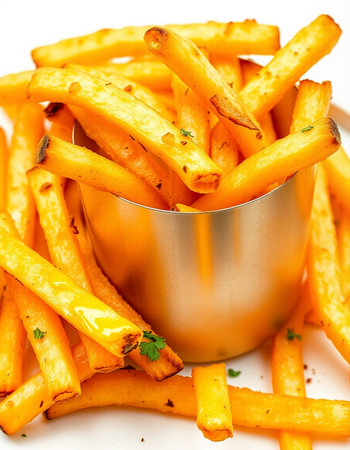 French fries in a metal bowl on a white background. Shallow dof.