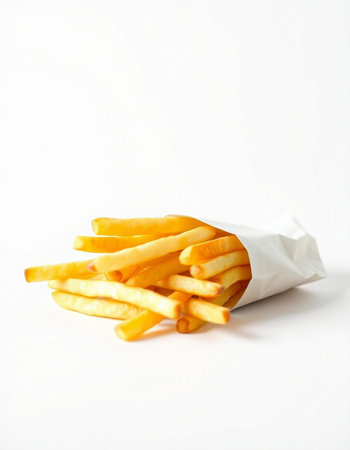 French fries in a paper bag on a white background. Fast food.の写真素材