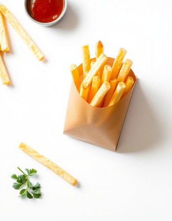 French fries in paper box with ketchup on white background, top view